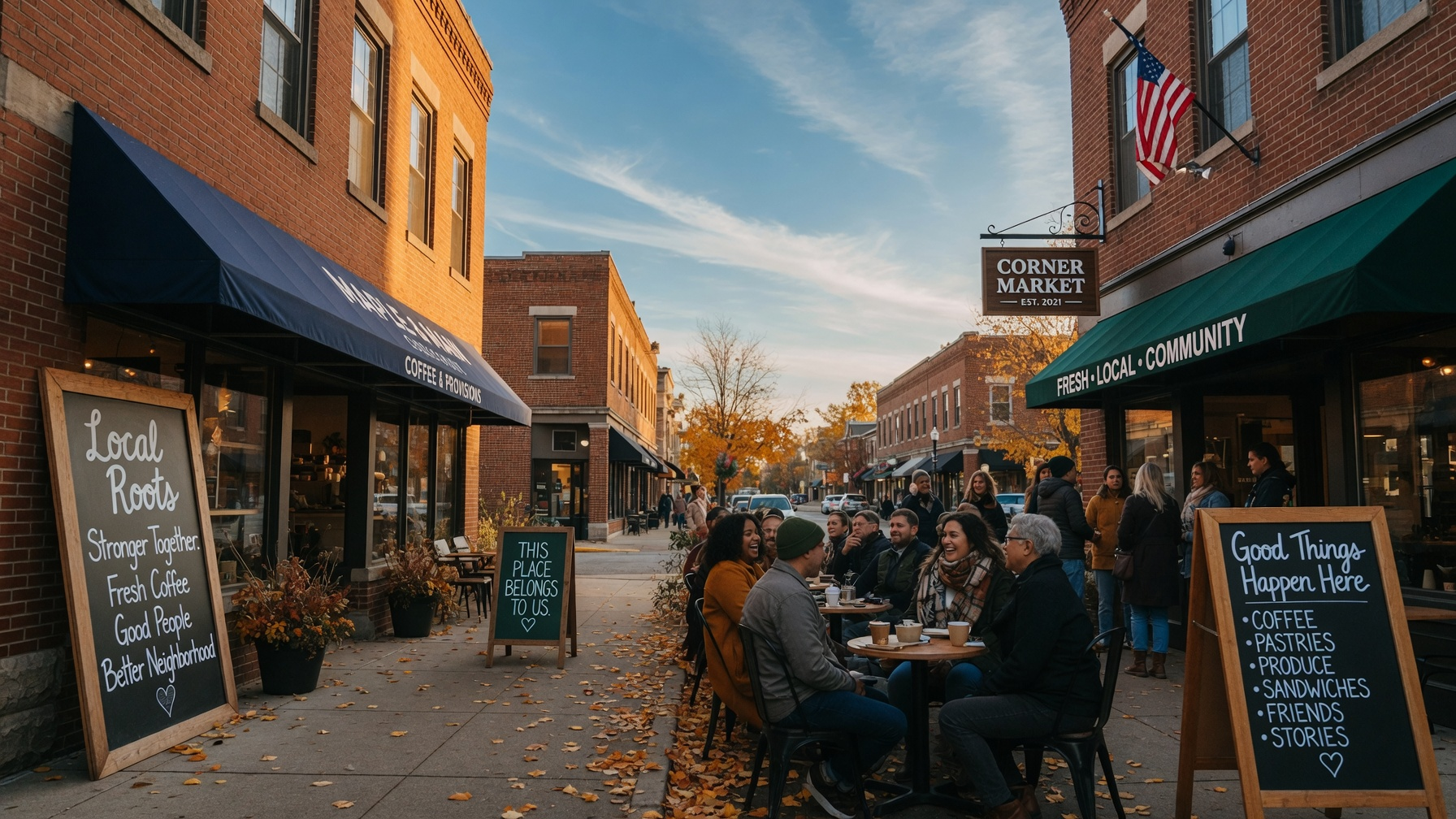 Neighbors gathering on a Northeast Ohio main street in autumn